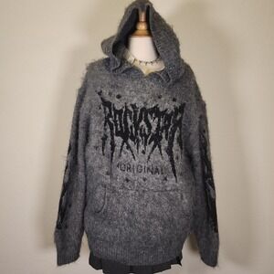 Rockstar Original Fuzzy Knit‎ Hoodie Gray Black Streetwear Pullover Sweater